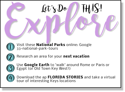 Let's Do        THIS! xplore E 1 2 3 4 Visit these National Parks online: Google 33-national-park-tours Research an area for your next vacation Use Google Earth to ’walk’ around Rome or Paris or Egypt (or Old Town Key West!)  Download the ap FLORIDA STORIES and take a virtual tour of interesting Keys locations